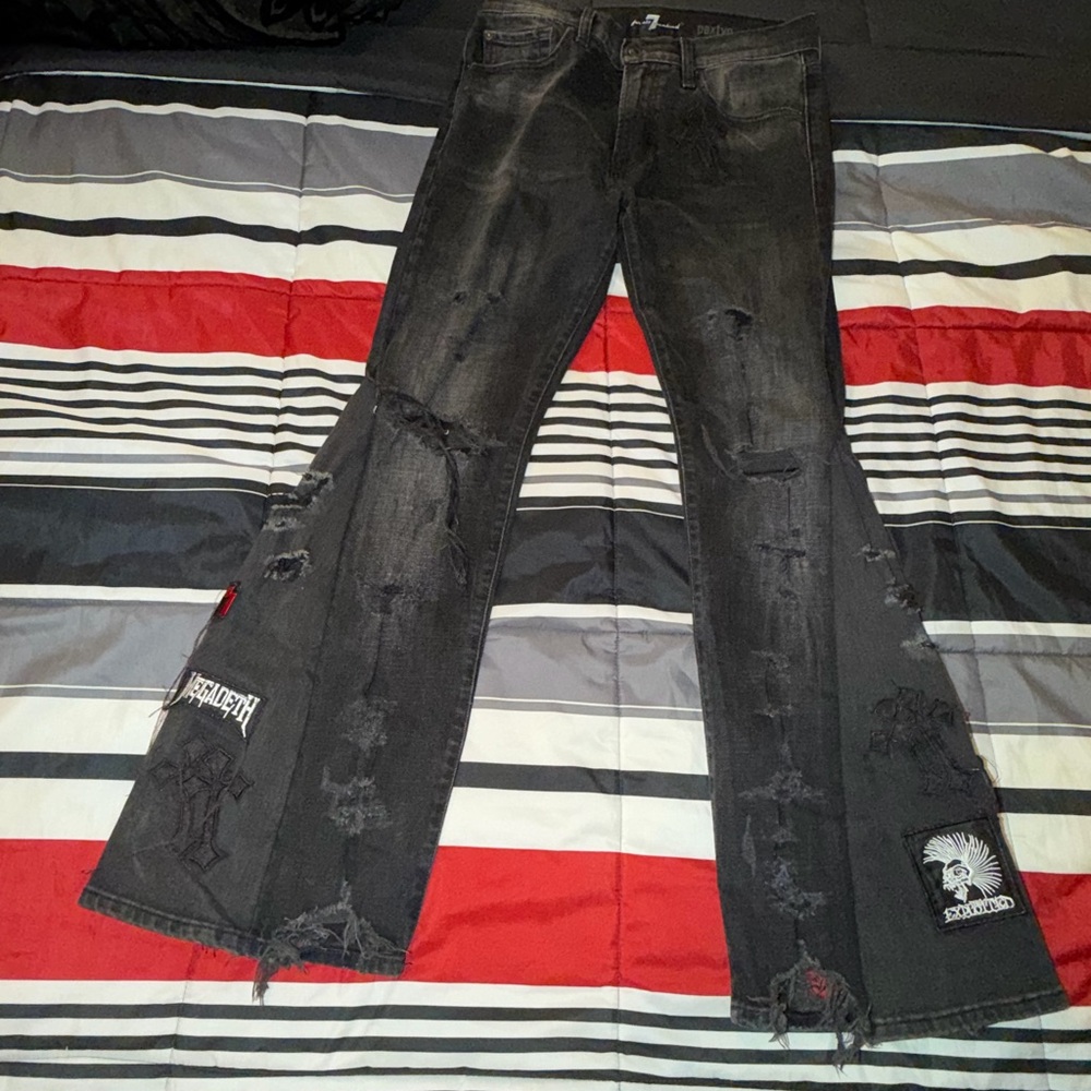 1of1 Custom Men's Black Distressed Flared Jeans with Patch Details